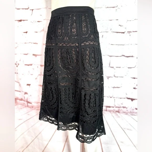 Ann Taylor Black Laser Cut Embroidered Lace Size 12 Knee Length Cotton Skirt - Picture 12 of 12